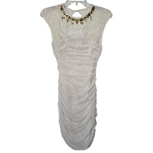 Bebe Simone Tulle Overlay Rhinestone Sequins Back Zip Fitted Champagne Dress XXS